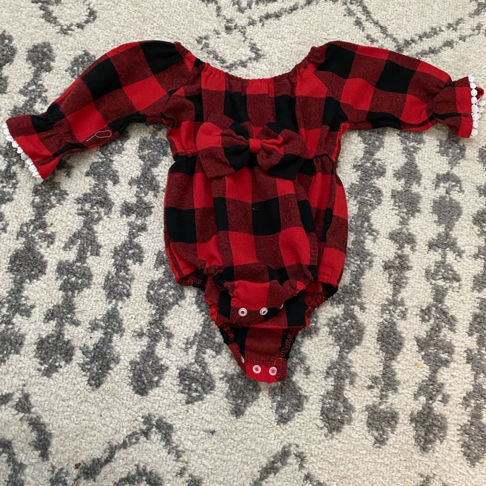 Buffalo plaid ruffle sleeve onsie